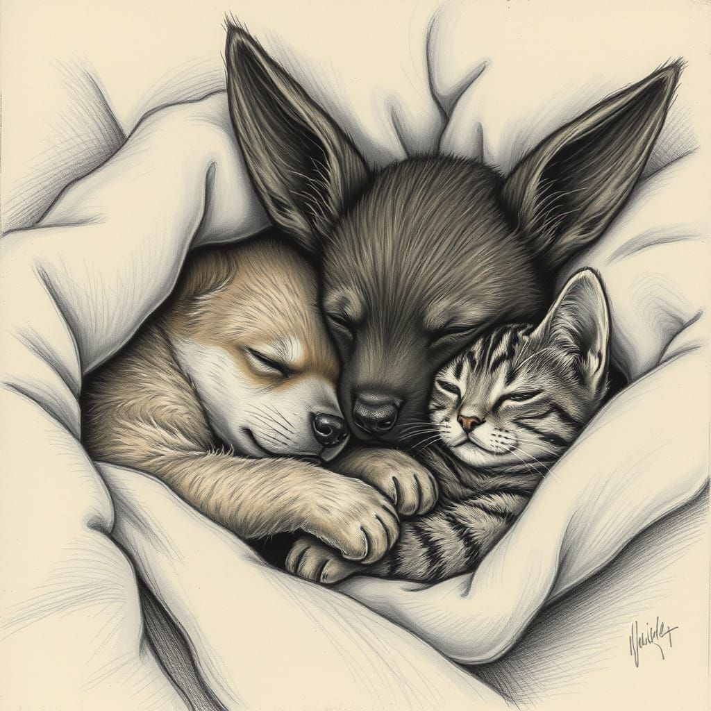 Eevee and Furry Friends in Charcoal Drawing Style