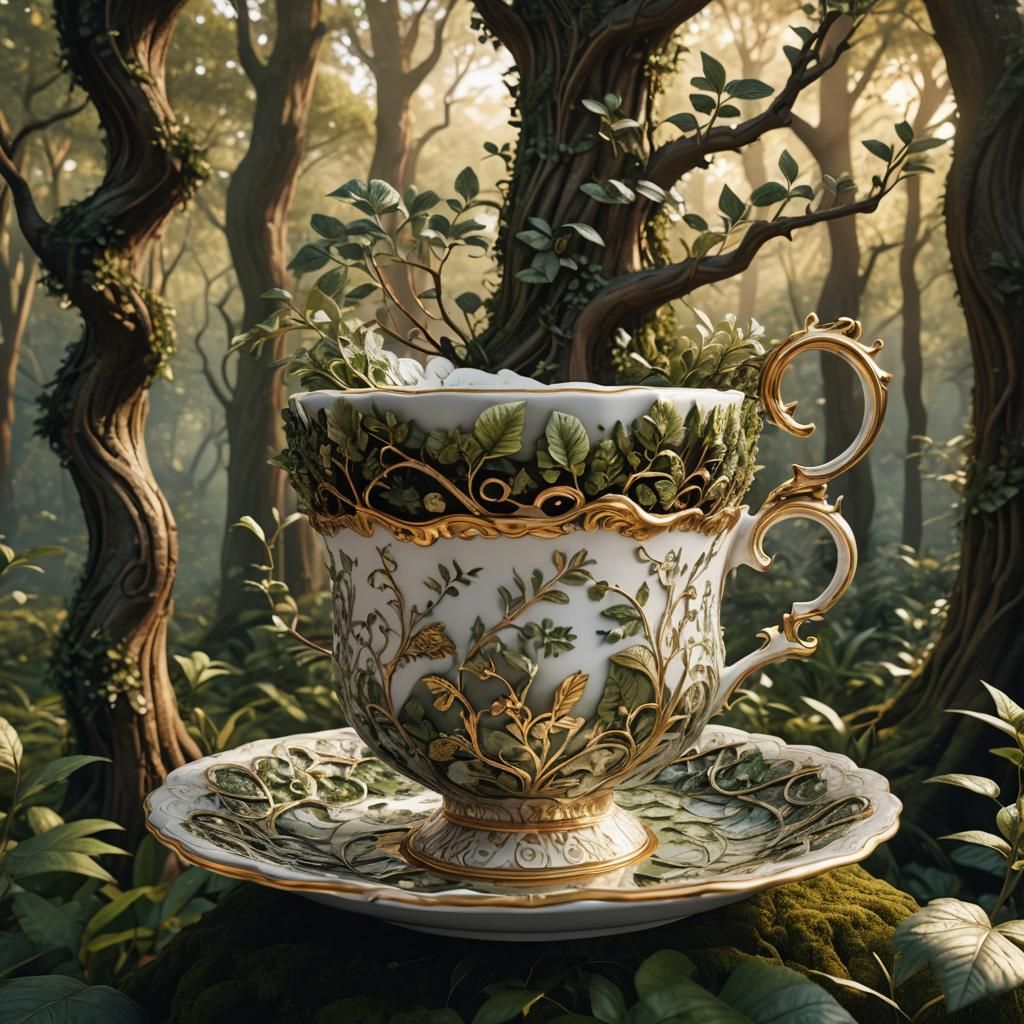 Ornate Teacup in Surreal Victorian Forest