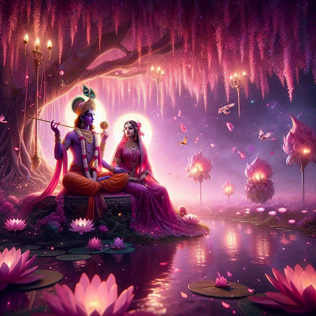 Enchanting Celestial Garden Scene of Radha and Krishna in Pa...