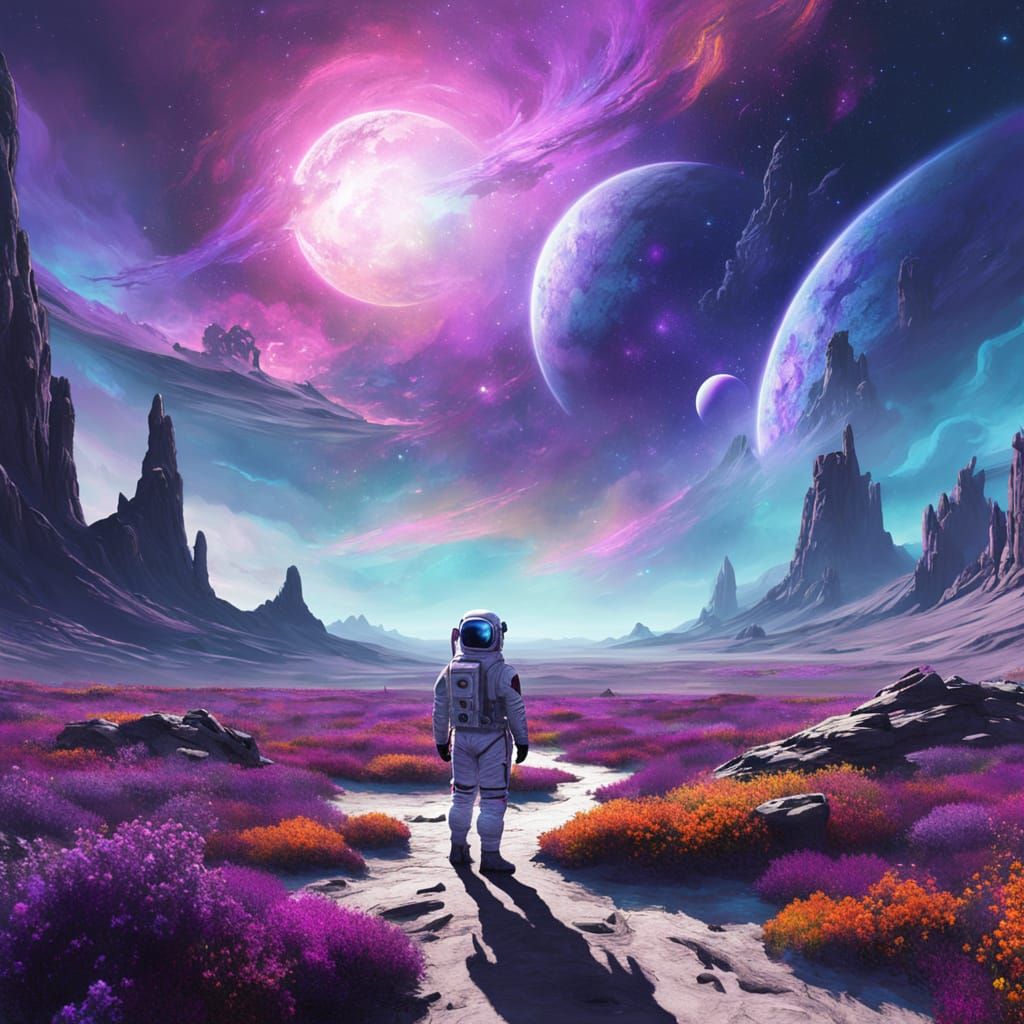 Astronaut on Alien Planet with Nebula Sky