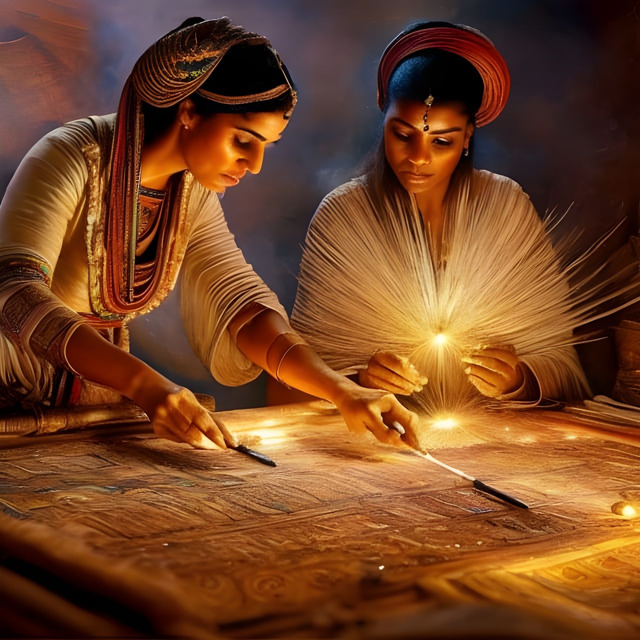 Ancient Egyptians Preparing Papyrus in Art Nouveau Style