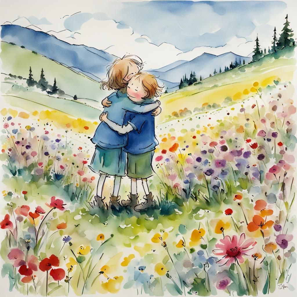 Children Hugging in Alpine Meadow, Quentin Blake Style
