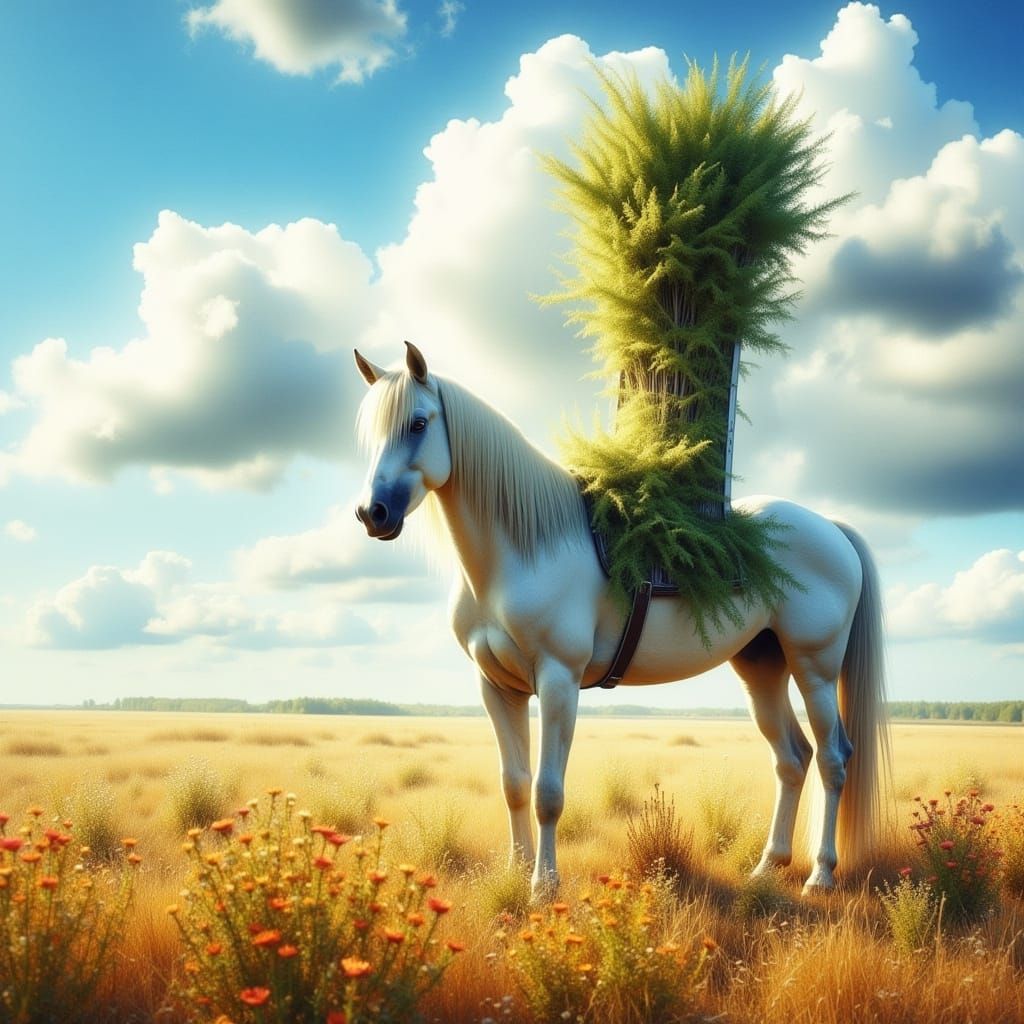 Horse Standing in a Field Under a Giant Chair in Sunny Condi...