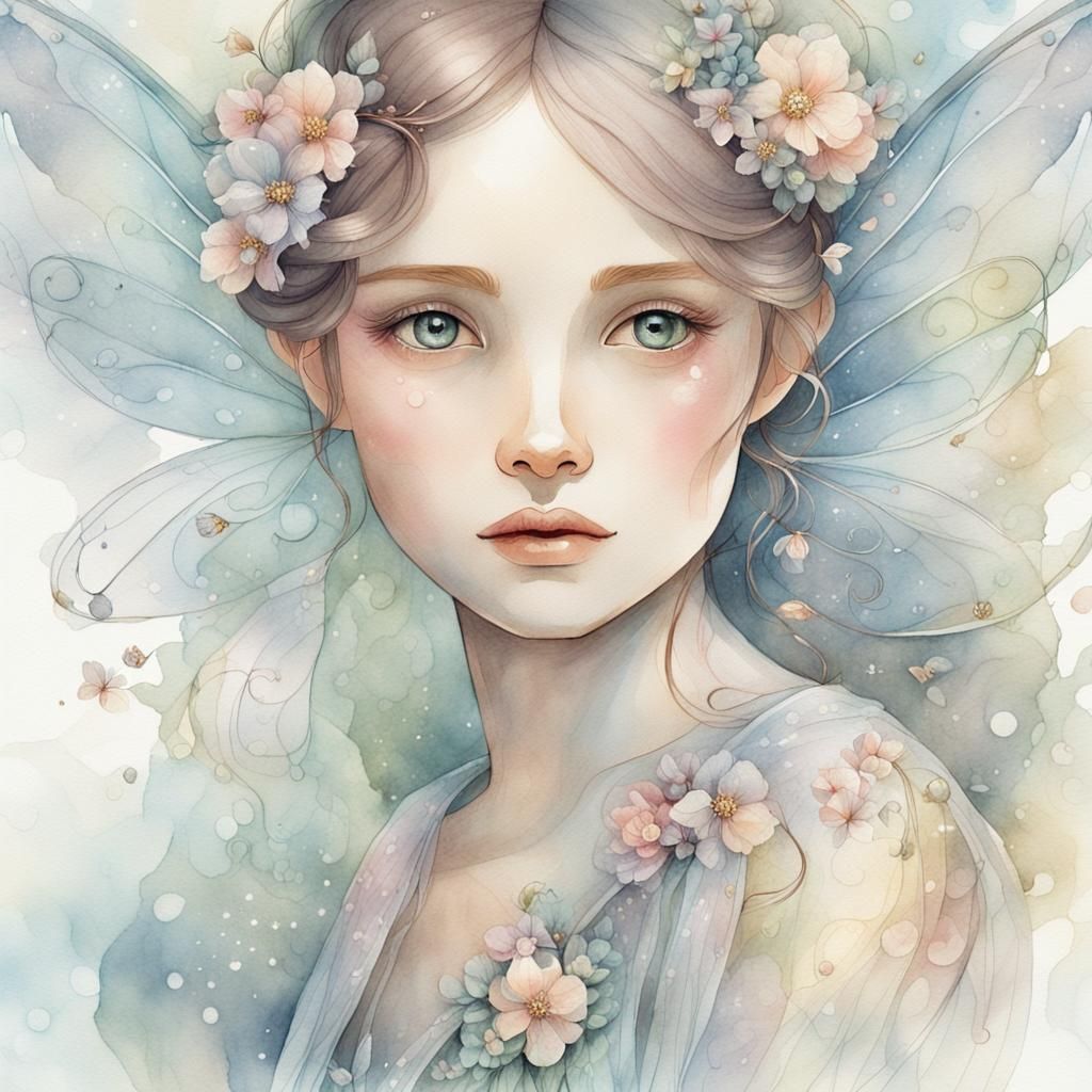 Dreamy Watercolor Fairy Portrait with Translucent Wings