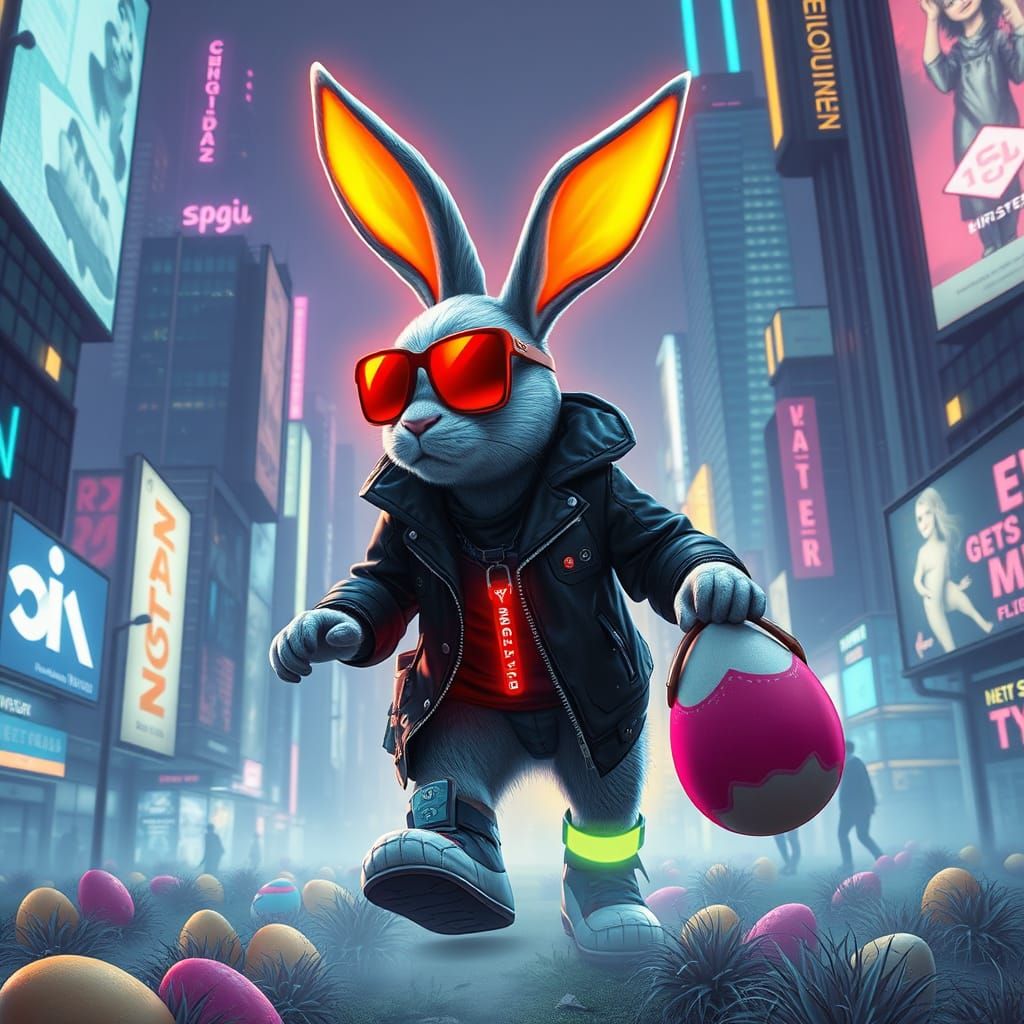 Cyberpunk Easter Bunny Delivers in Neon-Lit Metropolis