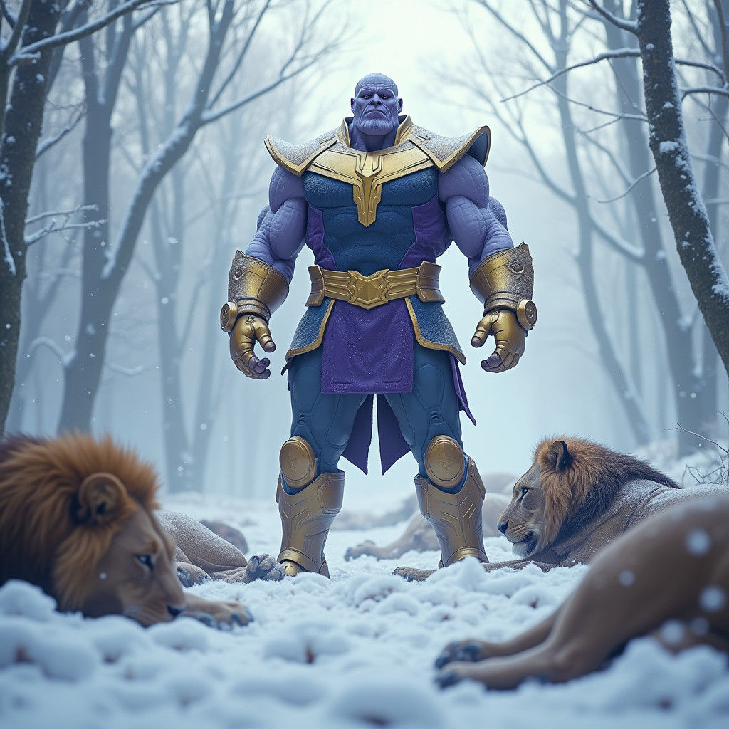 Triumphant Thanos in Winter Forest Scene