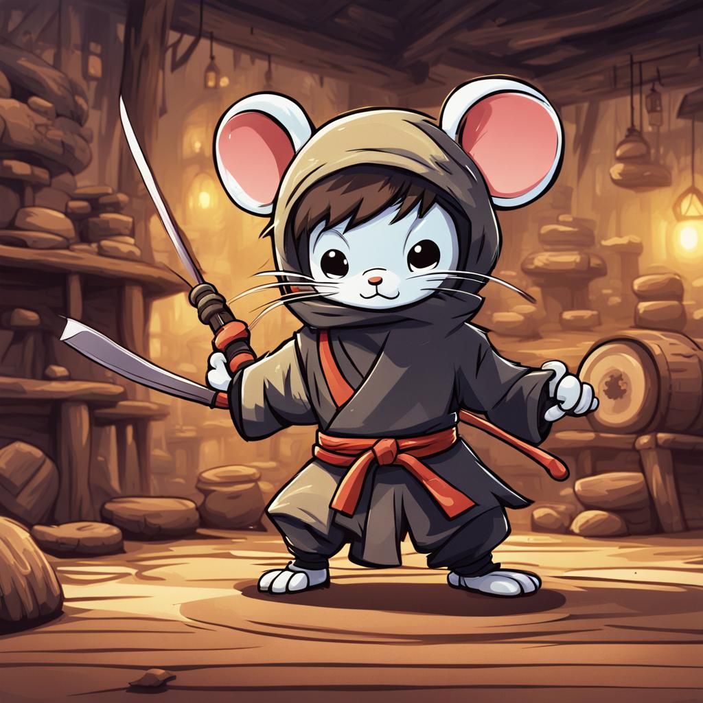 Anime-style Little ninjas mouse adorable shaggy cartoony, a unique blend of traditional and modern art styles, adding to...