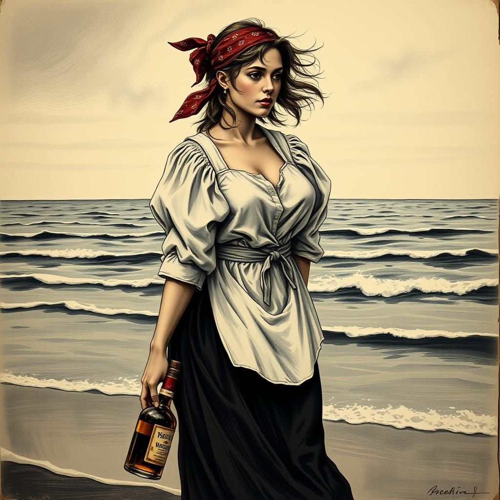 Vibrant Portrayal of a Drunken Woman on the Shore