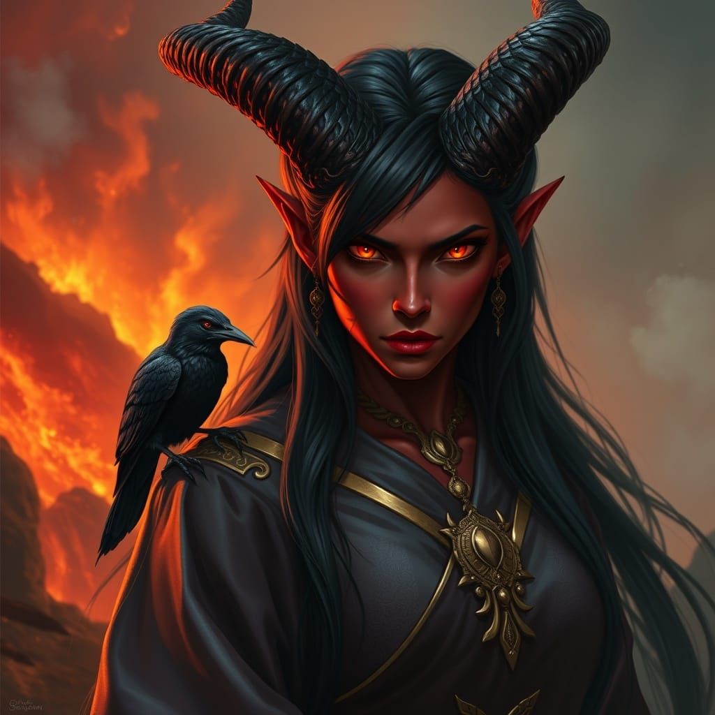 Crimson Tiefling Warlock in a Hell Landscape