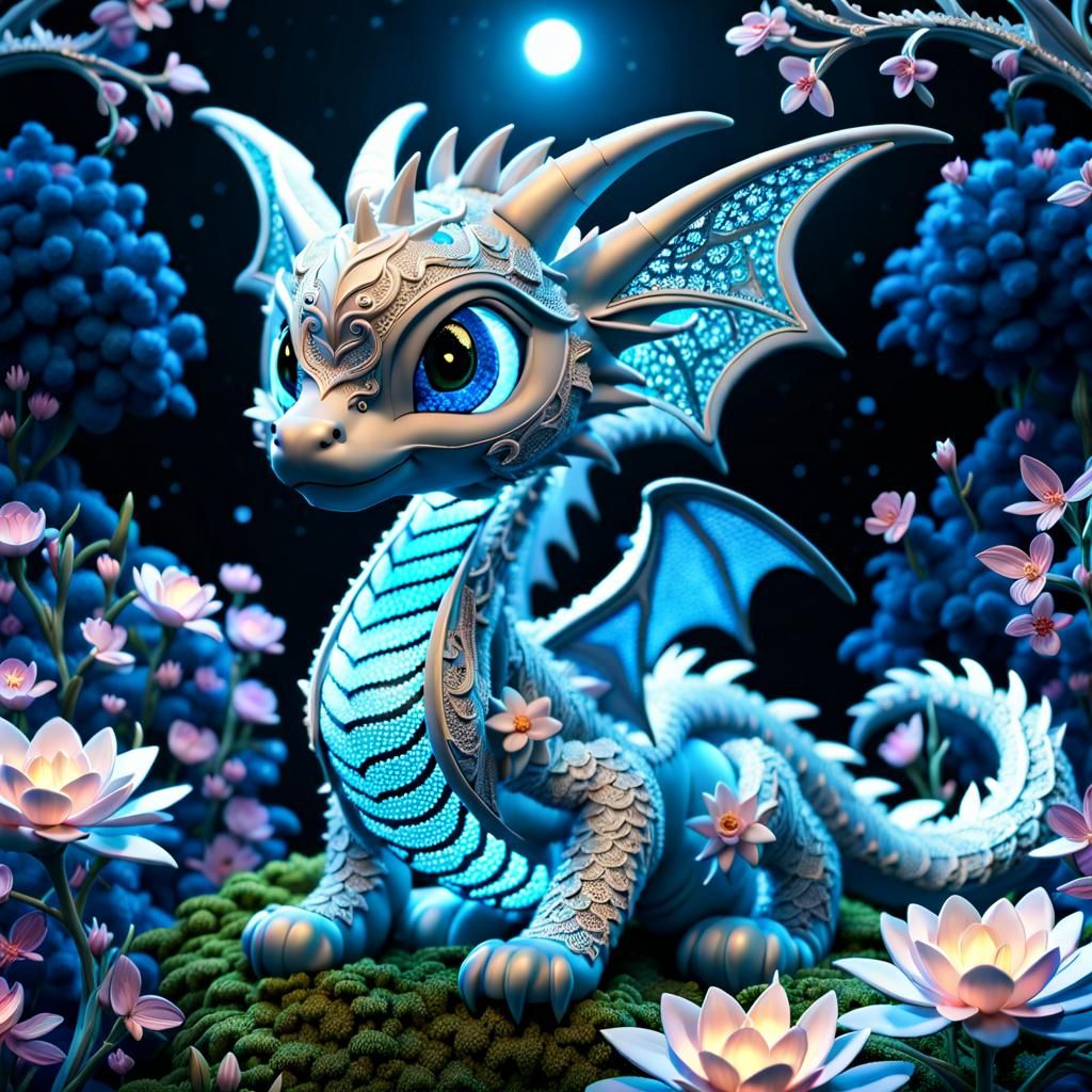 Lace Dragon with Gems in a Cosmic Forest