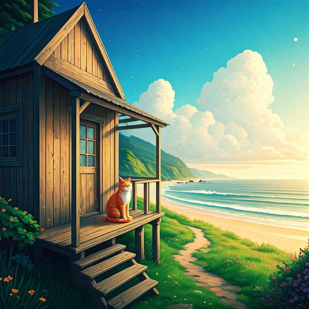 Surreal Ginger Cat Enjoys Tranquil Beachside Cottage