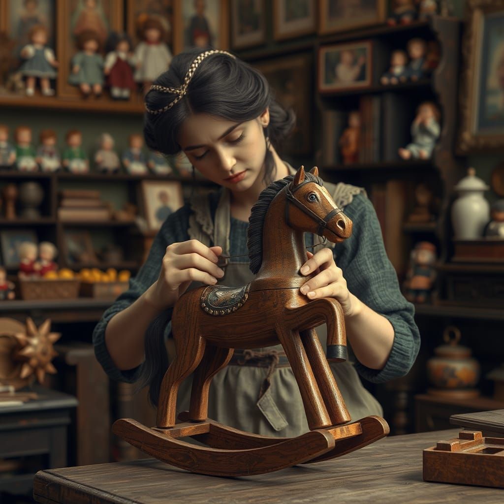 Woman Repairs Toy Rocking Horse: Renaissance Painting