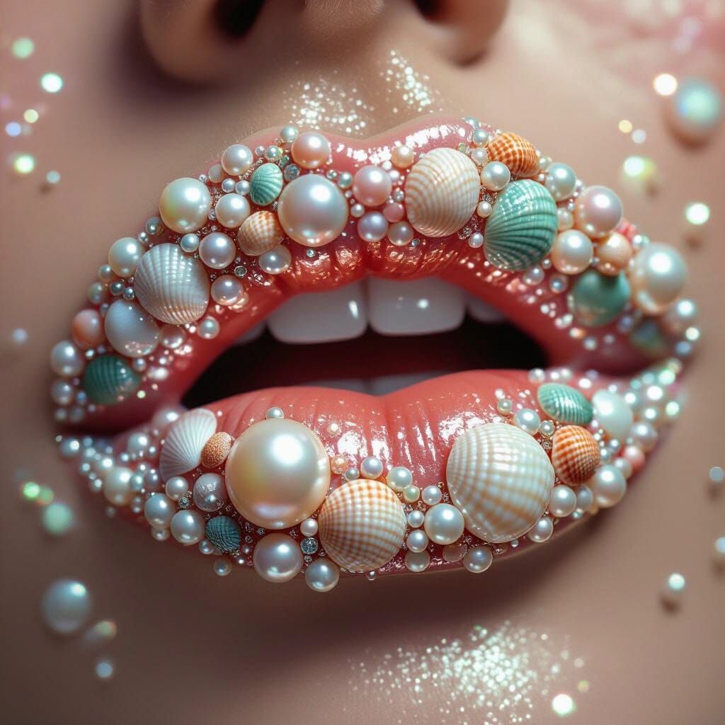 Pearlescent Lips with Ocean Shells, Art Nouveau Style