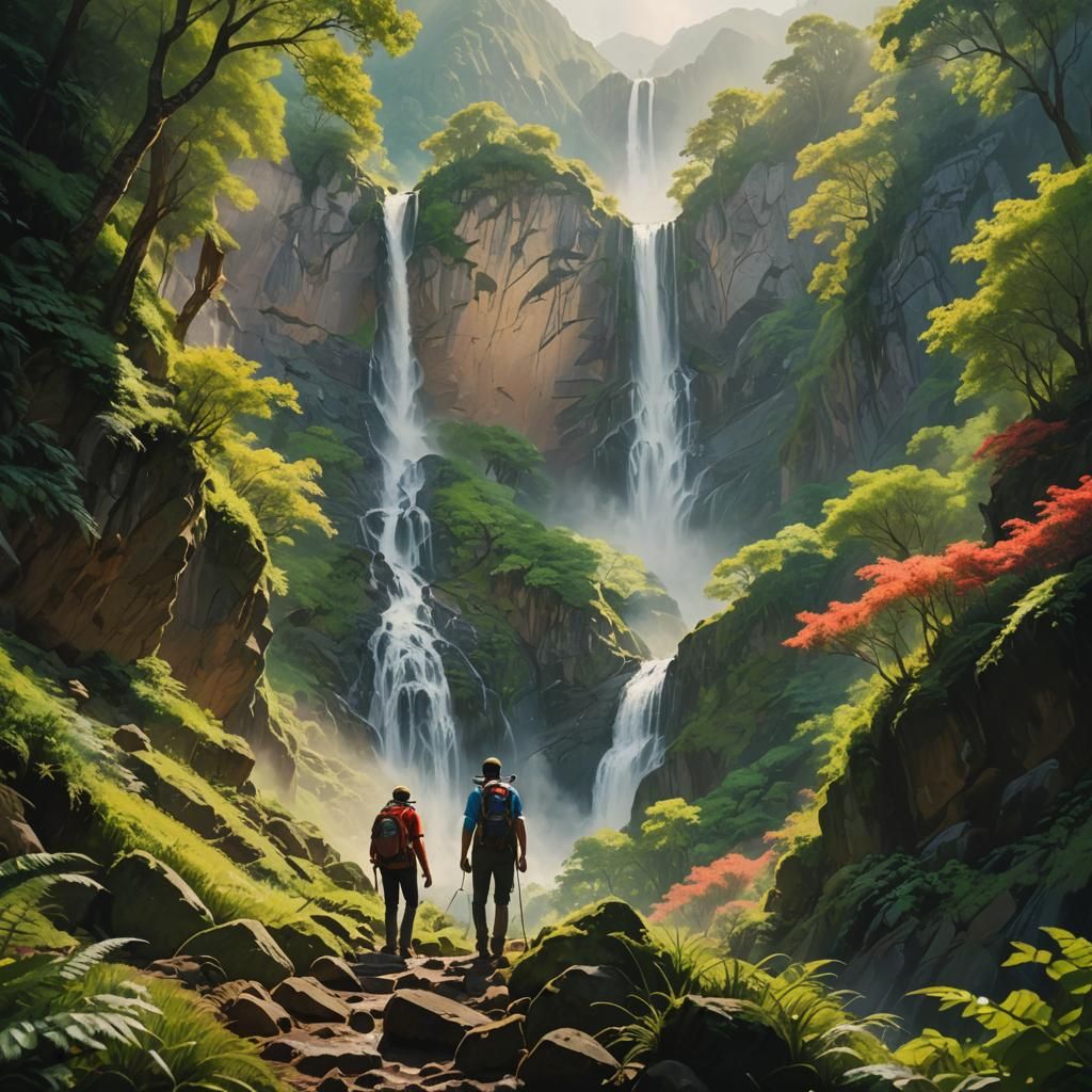 Hiker Discovers Waterfall in Vibrant Oil Painting