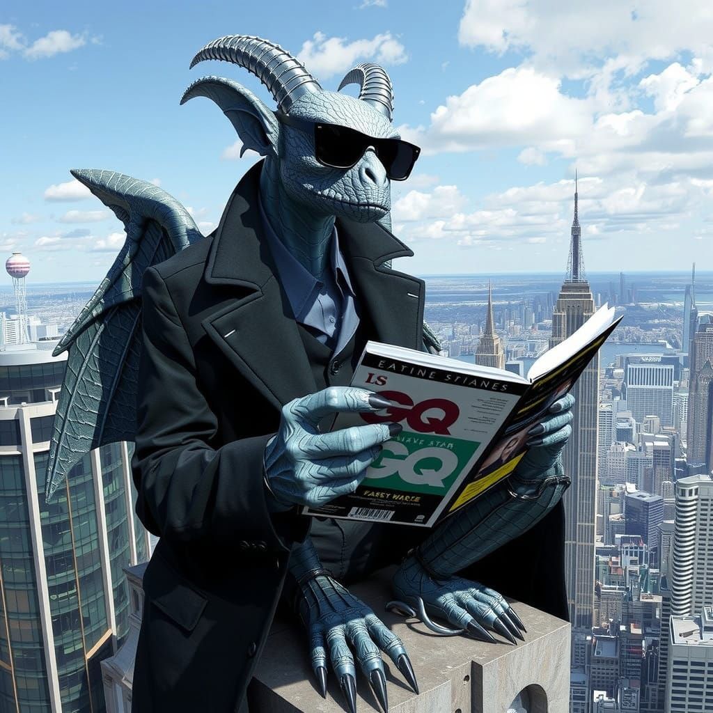 Gothic Gargoyle Surveys Modern Skyscraper in Chic Style