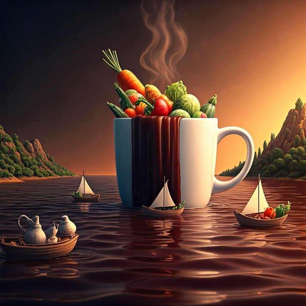 Overflowing Coffee River with Vegetable Boats, Anime Style