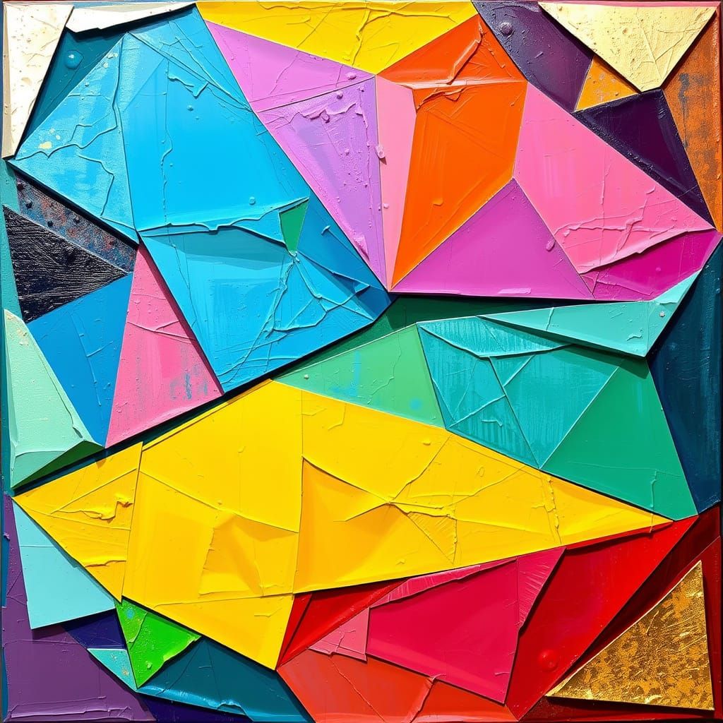 Abstract Geometric Rainbow in Impasto Textures and Gold Leaf...