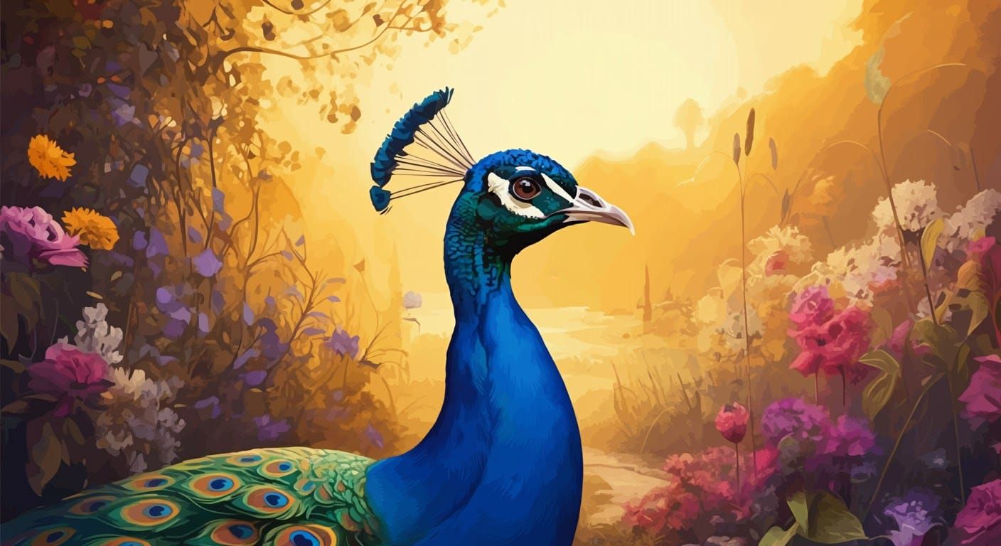 Psychedelic Peacock in Golden Hour Garden