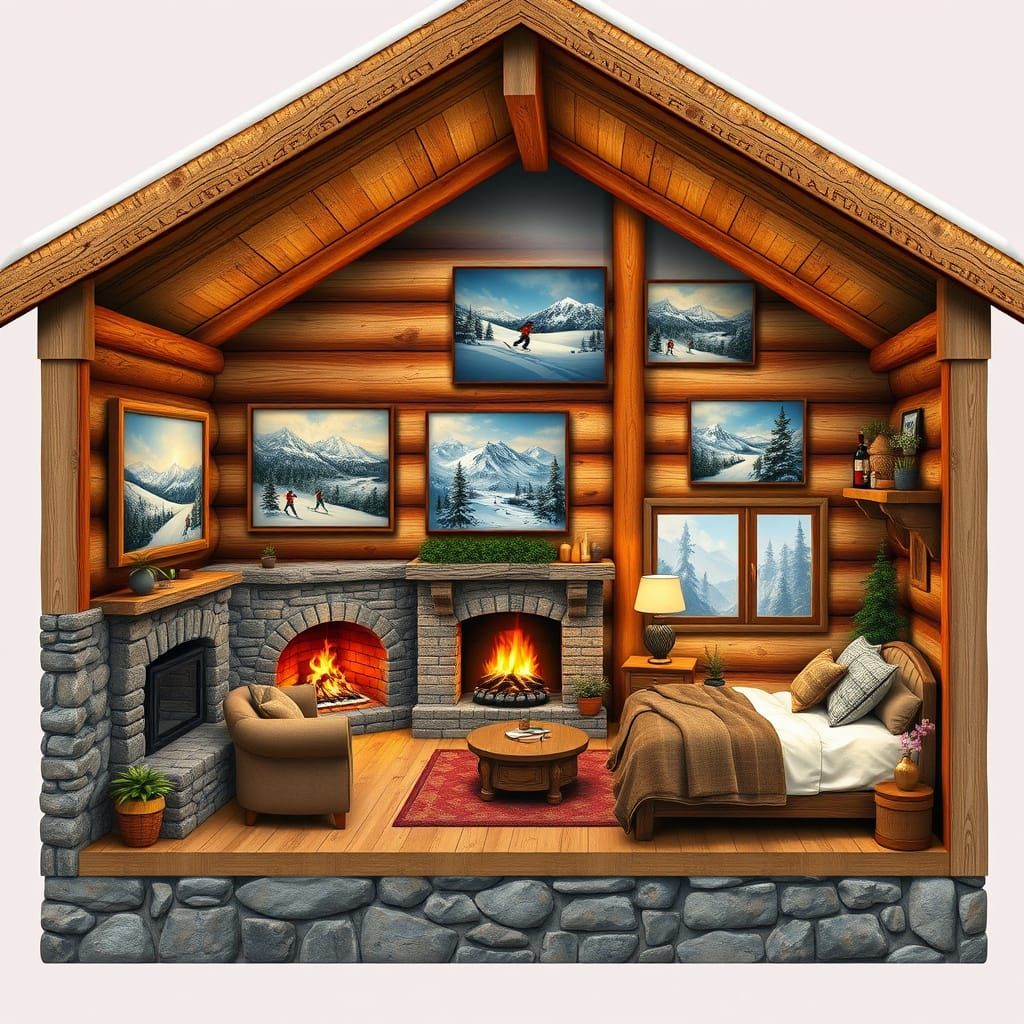 Cozy Ski Lodge Interior with Mountain Art