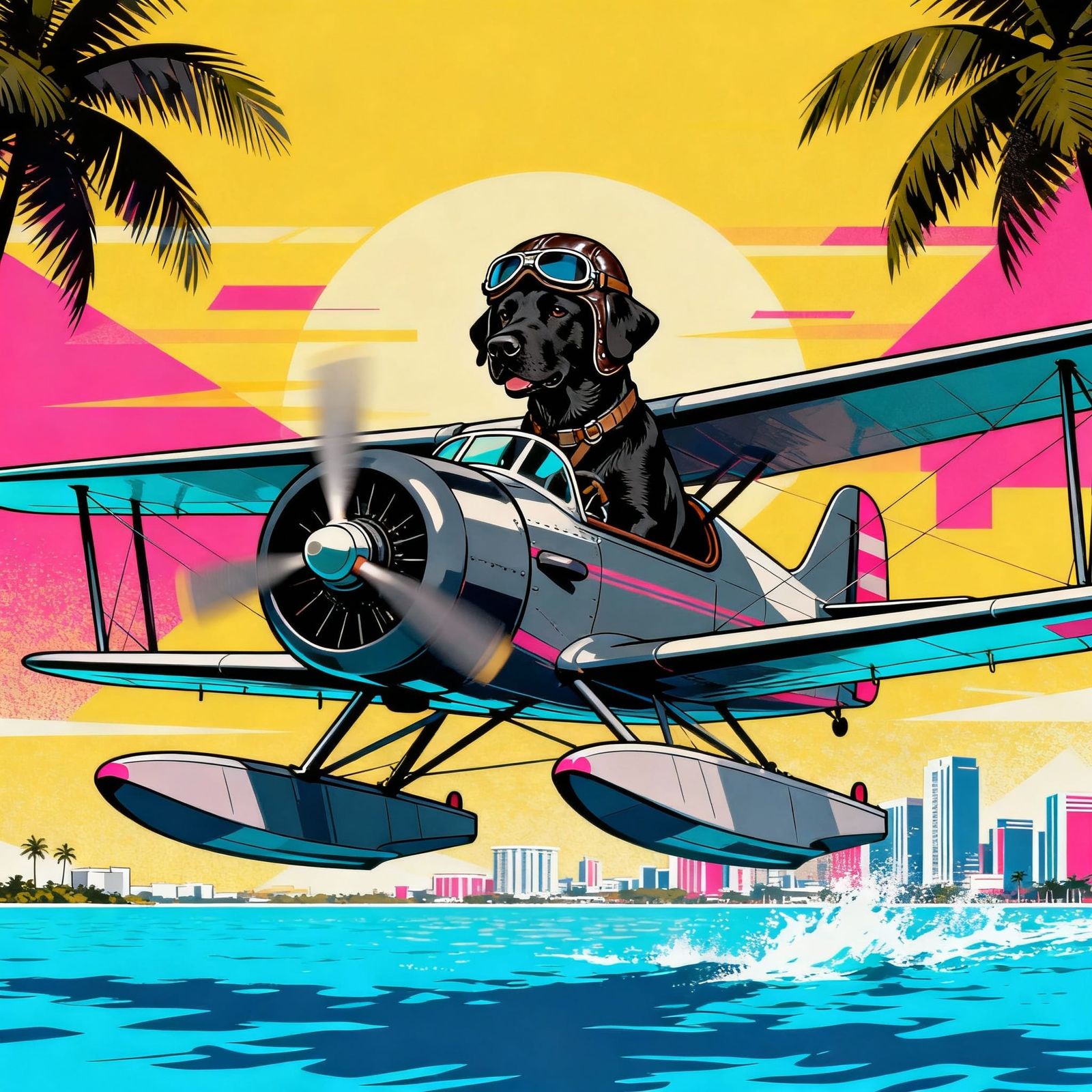 Black Labrador Pilots Seaplane Landing in Miami