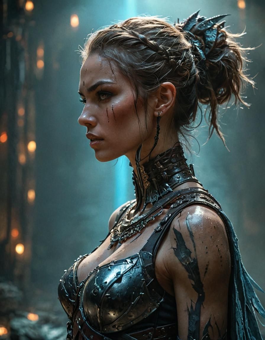 Contemplative Female Warrior in Dark Fantasy Style