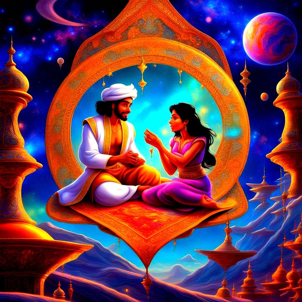 Jasmine and Aladdin on the magic carpet in outer space   .