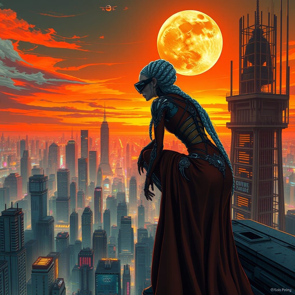Cyberpunk Android Gaze in Neon Cityscape at Sunset