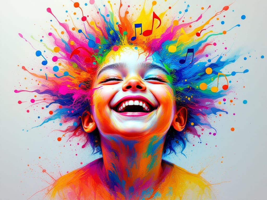 Joyful Child Formed From Musical Notes Explosion