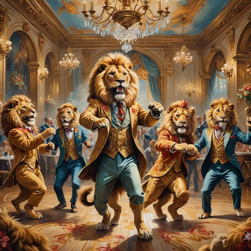 Anthropomorphic Lions Dancing in Opulent Ballroom