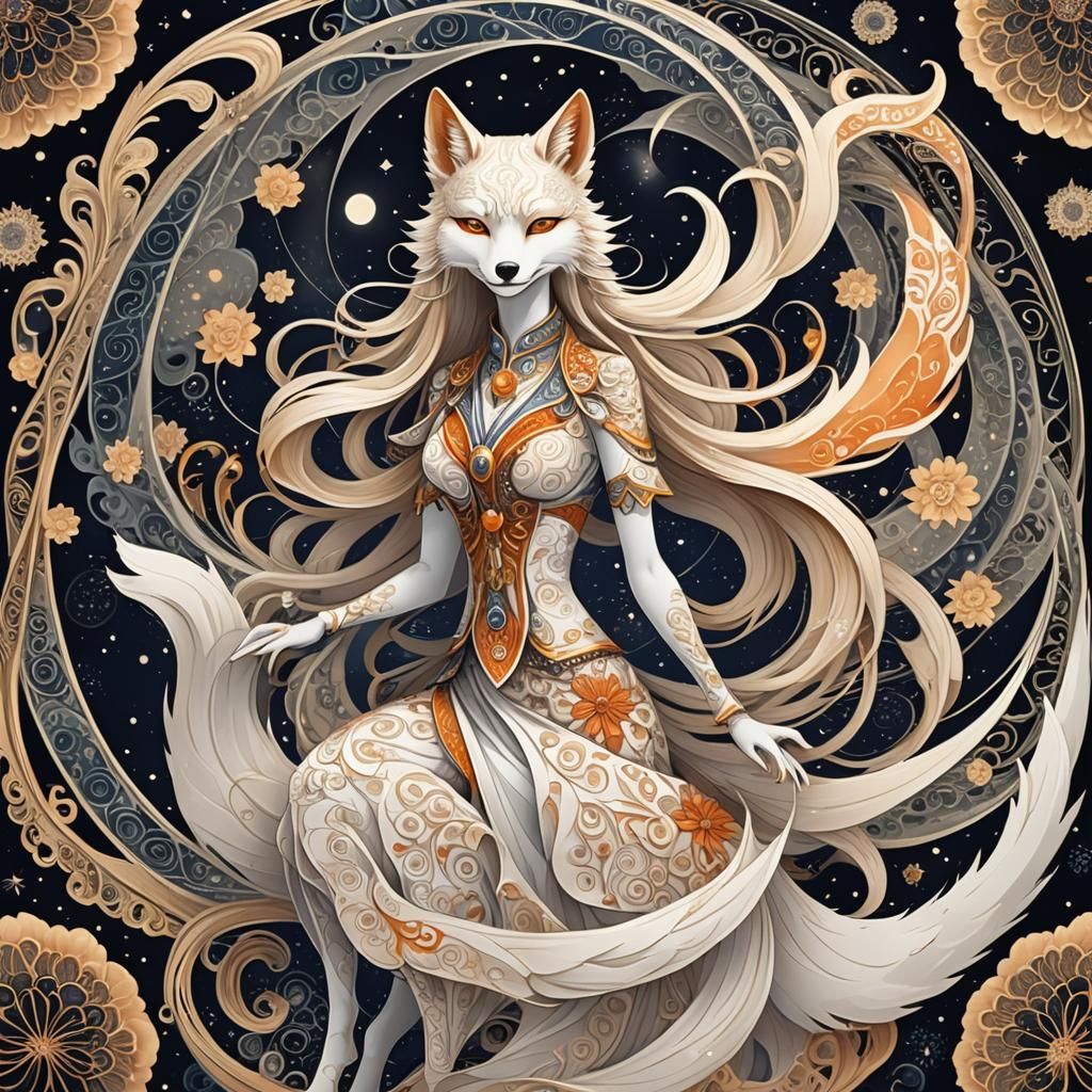 Kitsune Transformation Under the Moon: Abstract Vector Art