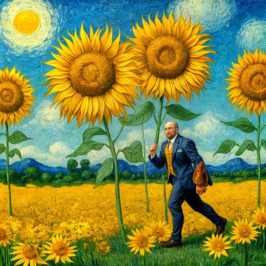 Anthropomorphic Pig Man in Van Gogh Sunflower Field