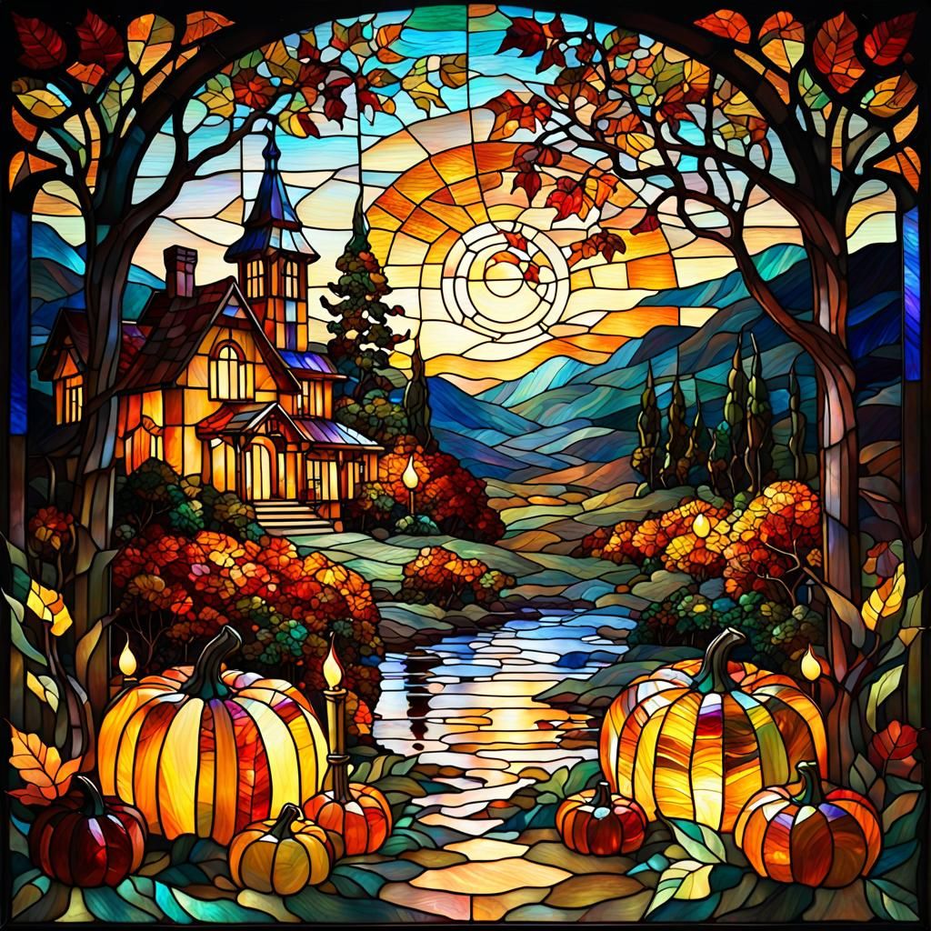 Autumn Landscape in Stained Glass Art Nouveau Style