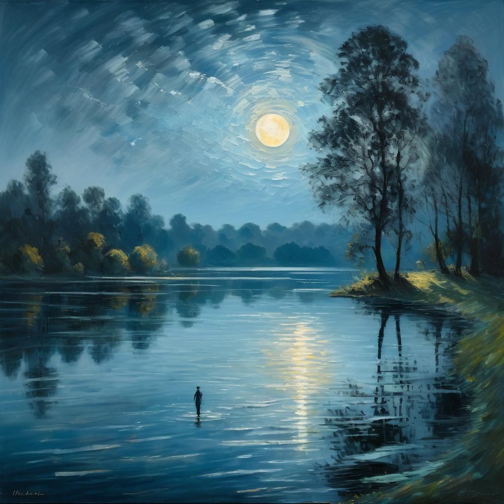 Moonlit Lake: Impressionist Woman in a Nocturne Landscape