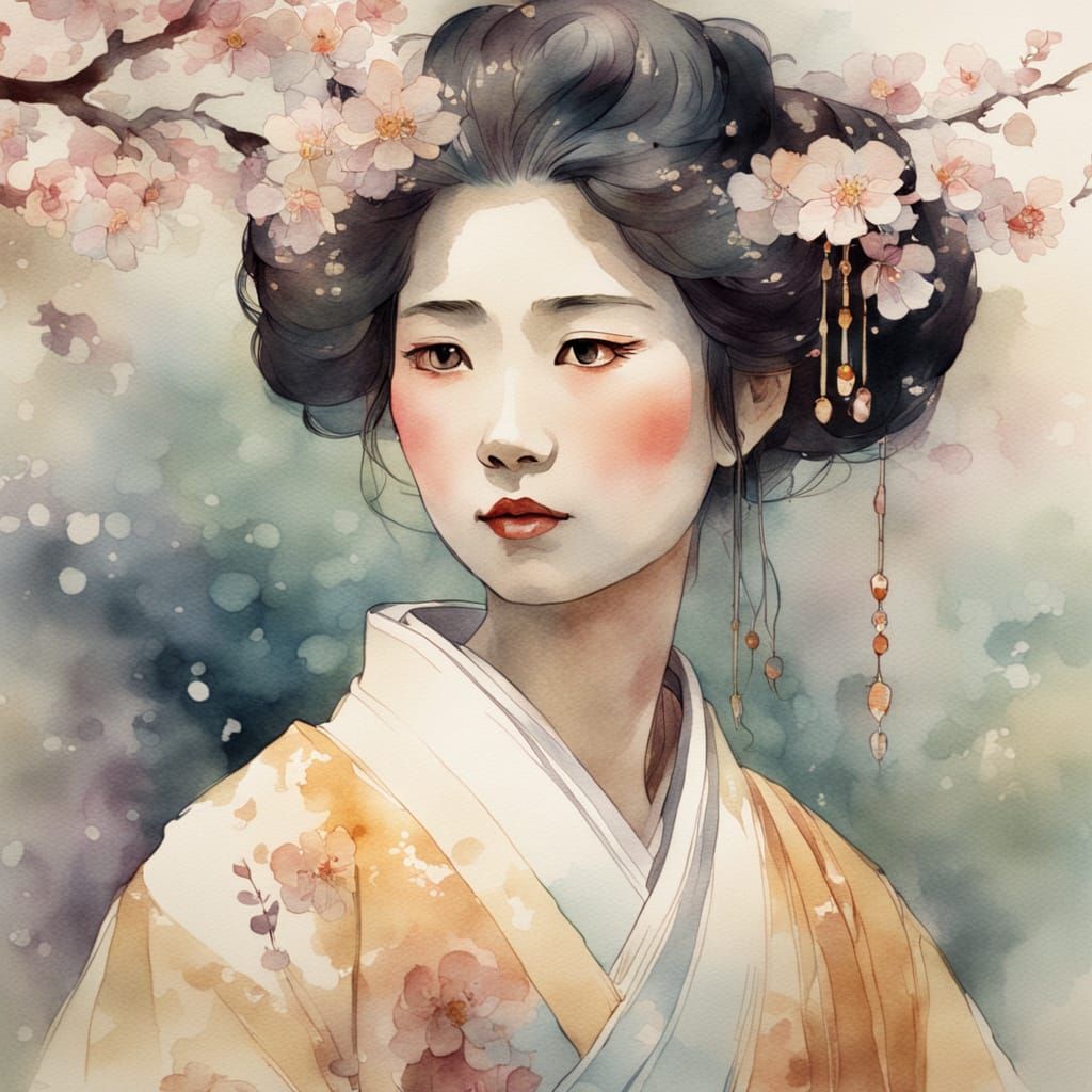 Geisha in Kimono: Watercolor Portrait in Mucha Style