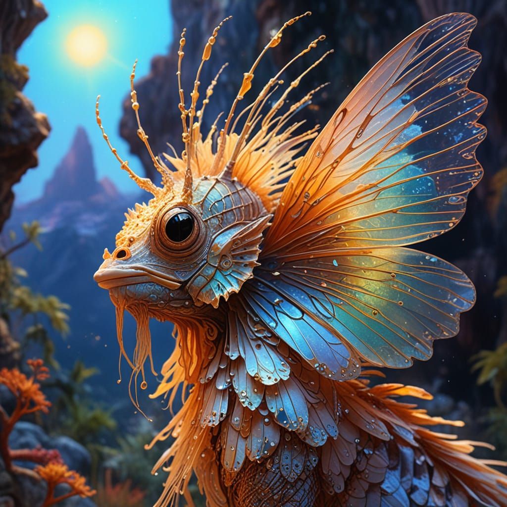 Whimsical Oil Painting of Majestic Lionfish-Like Creature on...