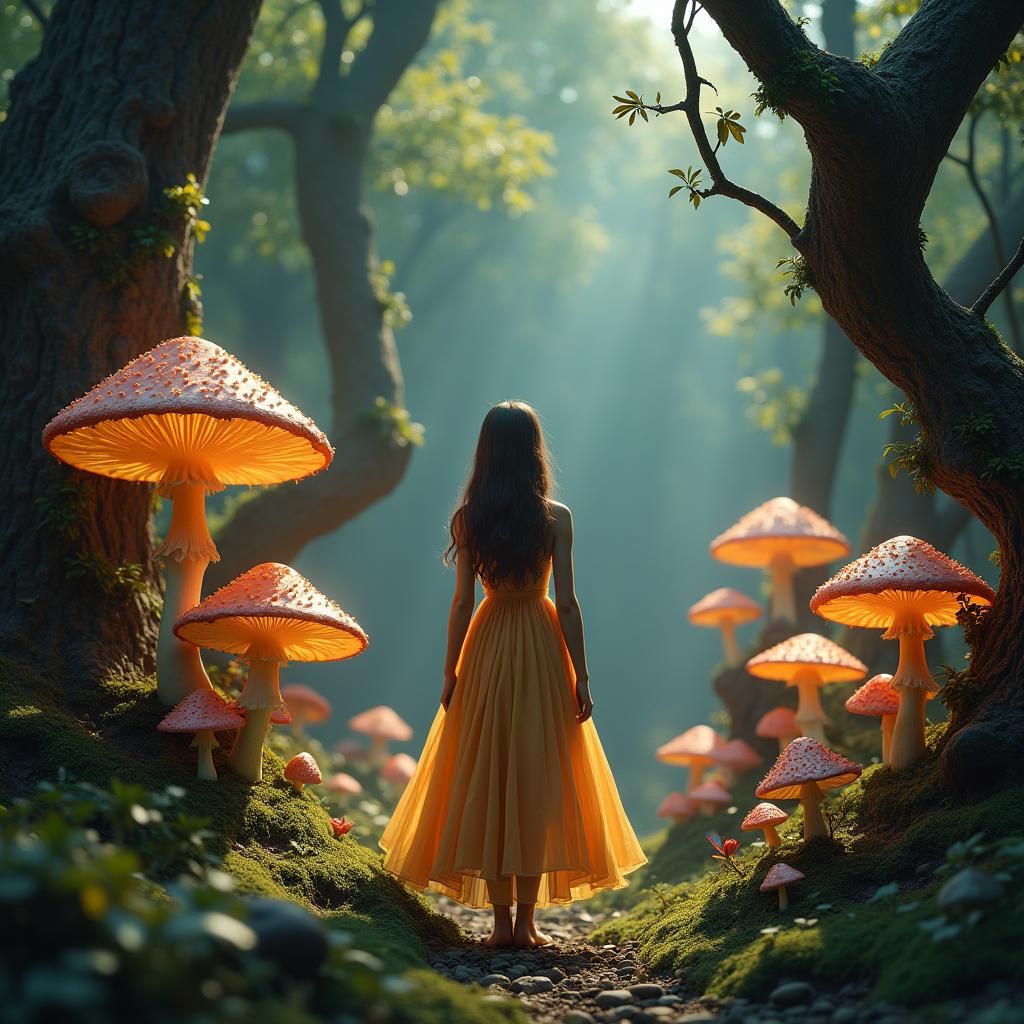 Mystical Forest Girl with Glowing Mushrooms
