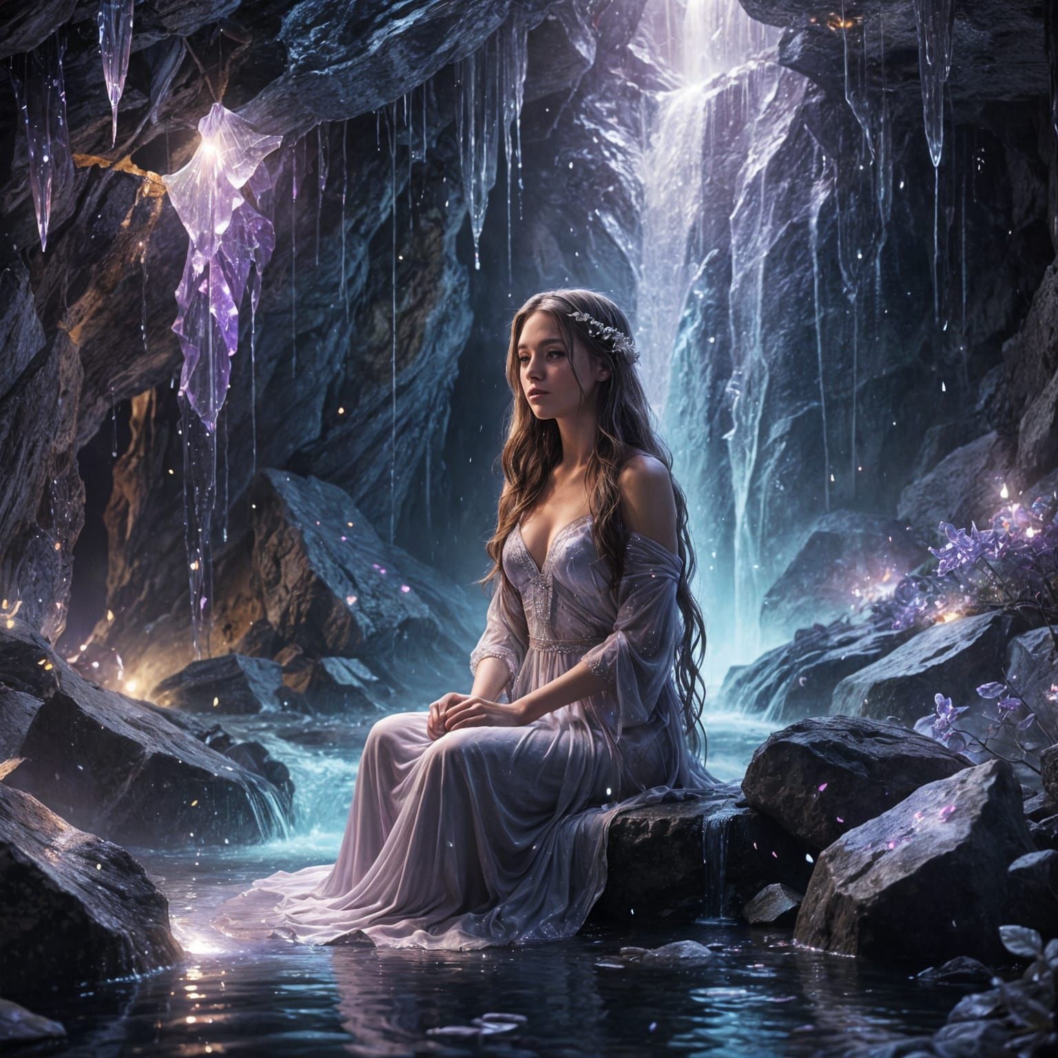 Ethereal Woman in Amethyst Grotto Waterfall