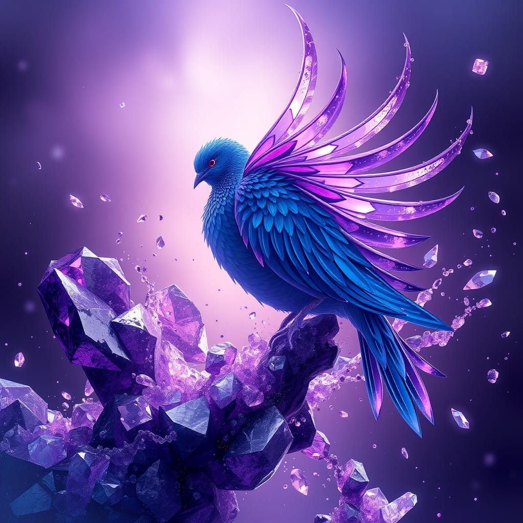 Vibrant Amethyst and Sapphire Dove in Mystical Fantasy World