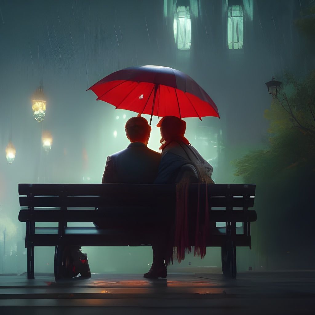 Lovers Share Umbrella in Rainy Masterpiece
