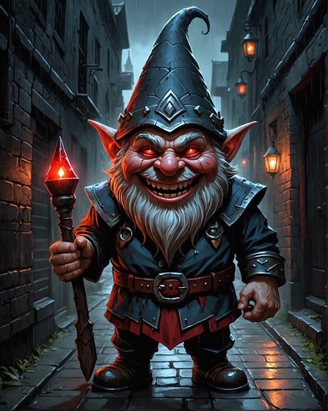 Menacing Giant Gnome in Rainy Alley
