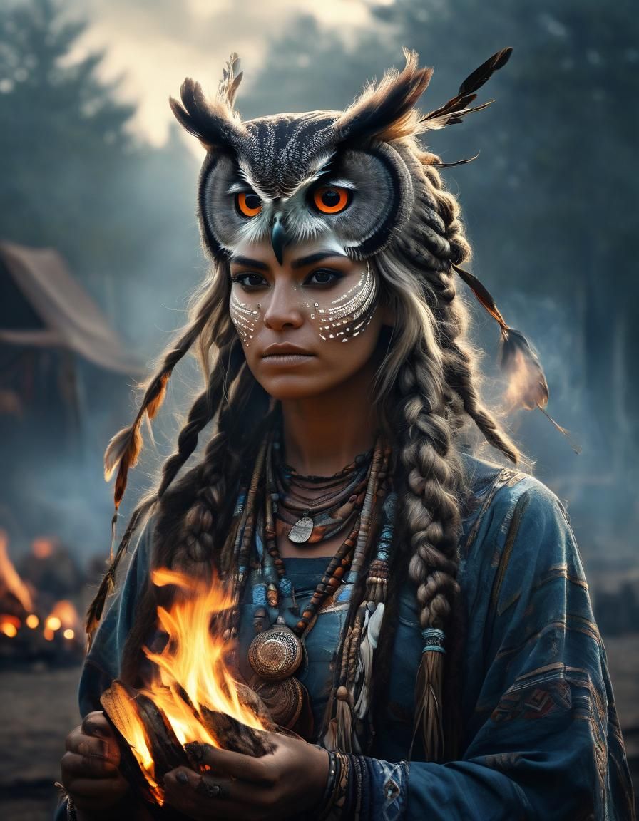 Ghostly Shaman Appears Above Bonfires in Dark Fantasy Collag...