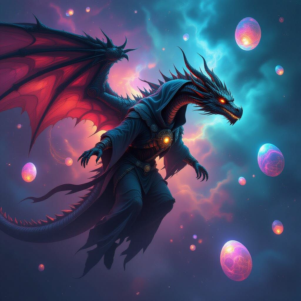 Mechanical Dragon Soaring Through Iridescent Nebula