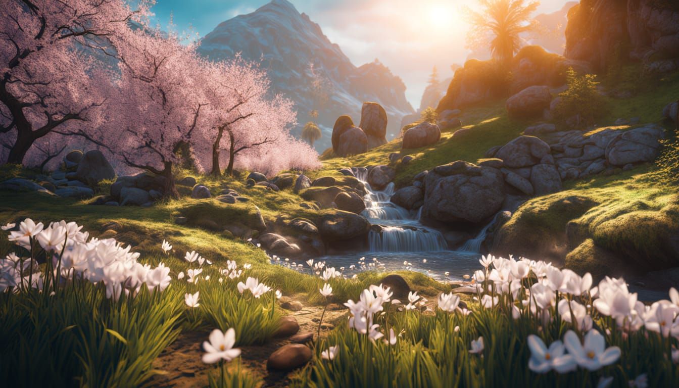 Surreal Cherry Blossom Meadow with Waterfall and Snowdrops i...