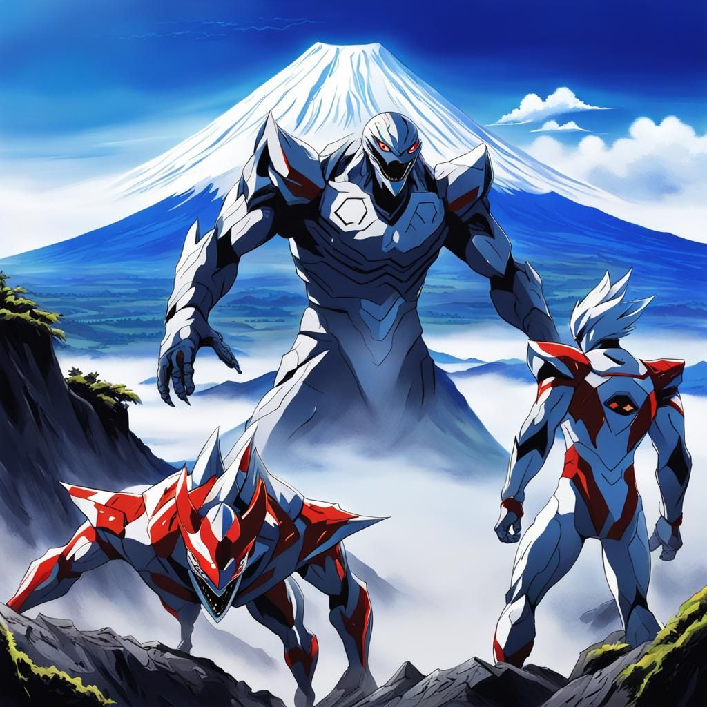 Ultraman vs Monster near Mount Fuji in Anime Style