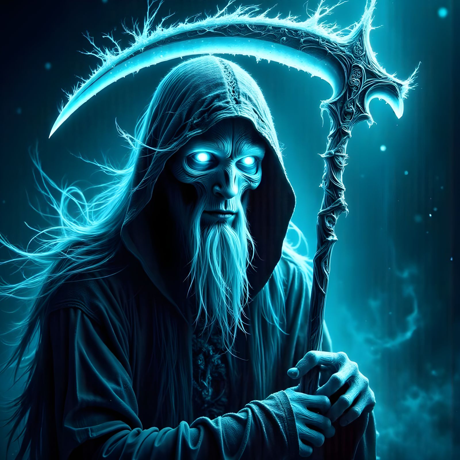 Cyberpunk Visionary with Icy Blue Skin and Glitching Aura