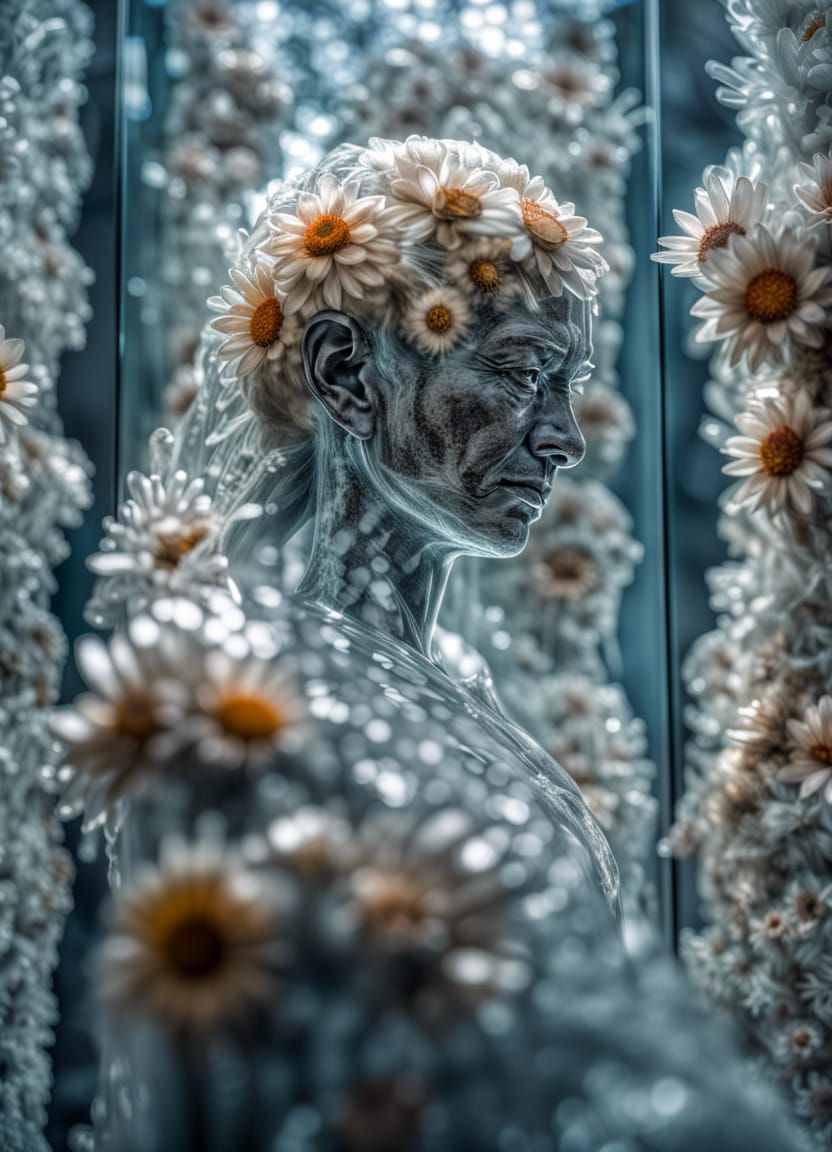 Floral Human Sculpture in Glass, Hyperrealistic HDR