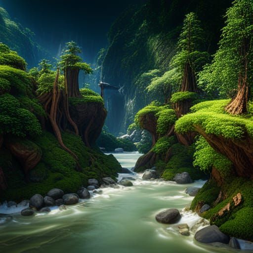 Lush Forest Gardens and River in Detailed Matte Painting