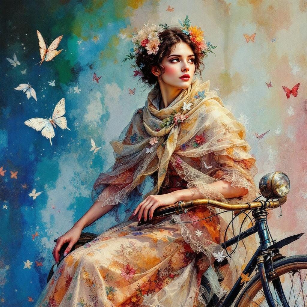 Gouache Style Fantasy Woman on Vintage Benz