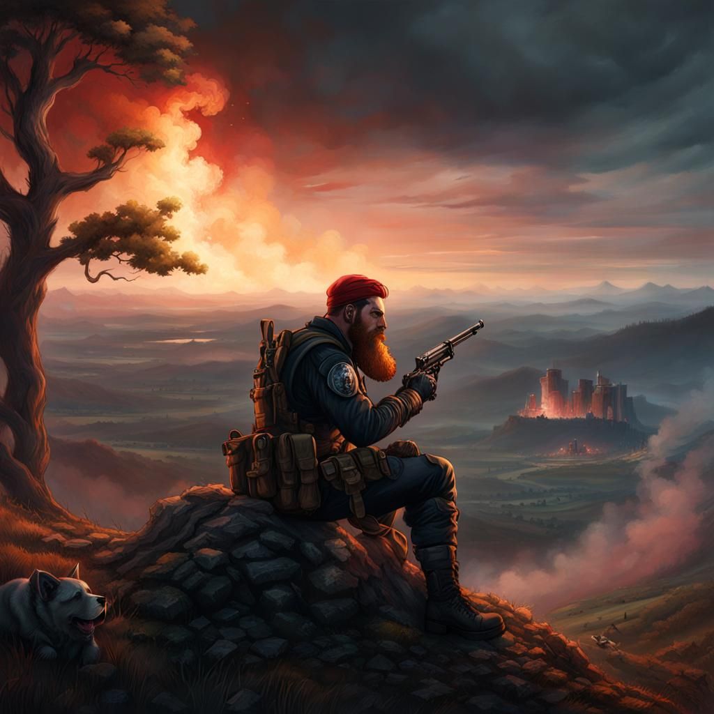 Wounded Warrior Resting in Dark Fantasy Landscape