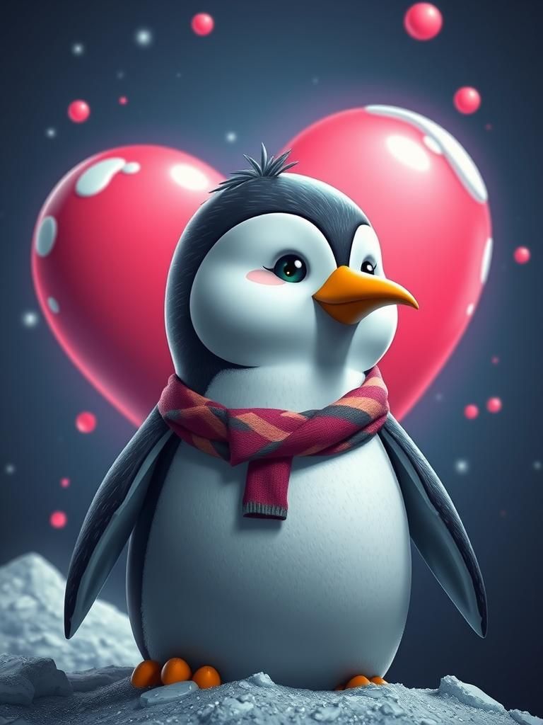 Adorable Cartoon Penguin Character with Heart, 3D Digital Ar...